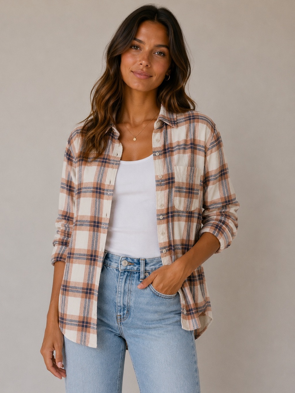 Universal Thread Cream and Brown Plaid Button-Down Shirt